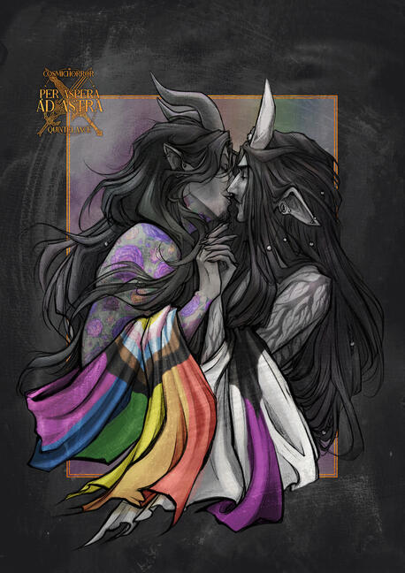 Two male demons with long hair kissing, Pride and Demisexual pride flags draped over their entwined arms.