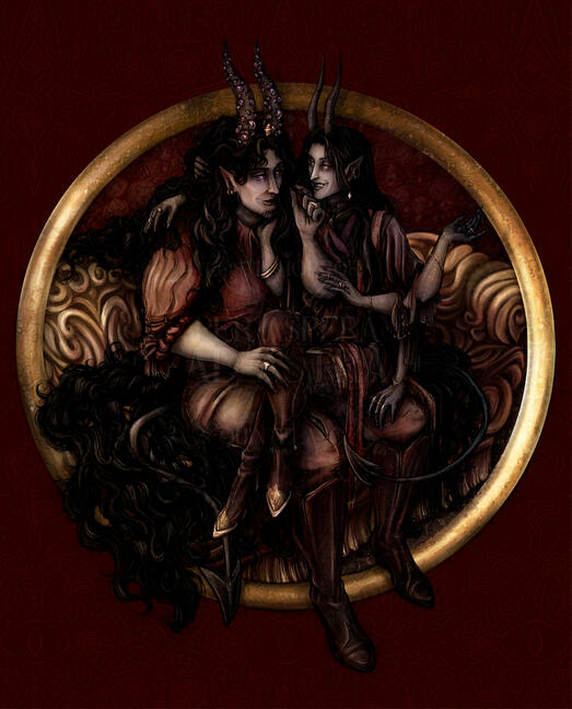 Two demons on an ornate gold sofa.