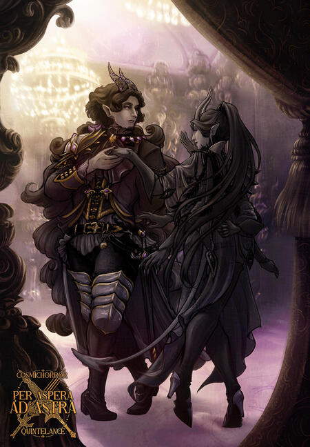 An illustration of Enceladus and Vesta, two male demons, in a fancy fantasy ballroom setting glimmering in gold and moonlight beneath massive chandeliers, dancing together in a romantic but formal, courtly manner.