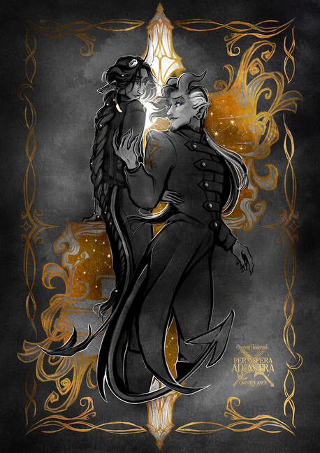 two demons on an ornate gold background.